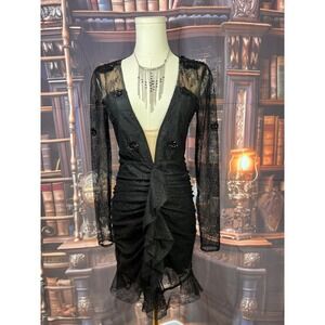 For Love & Lemons Black Lace Ruched Mini Dress Size S • Dramatic Cocktail Length